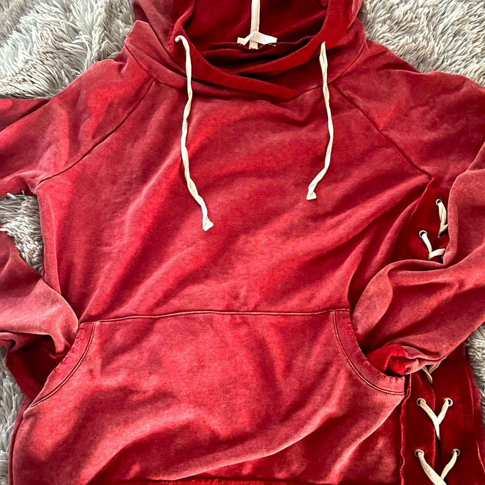 Red distressed hoodie with lace up side